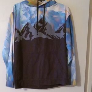Colorful Pink, Blue And Black Mountain Print Hoodie, Size S